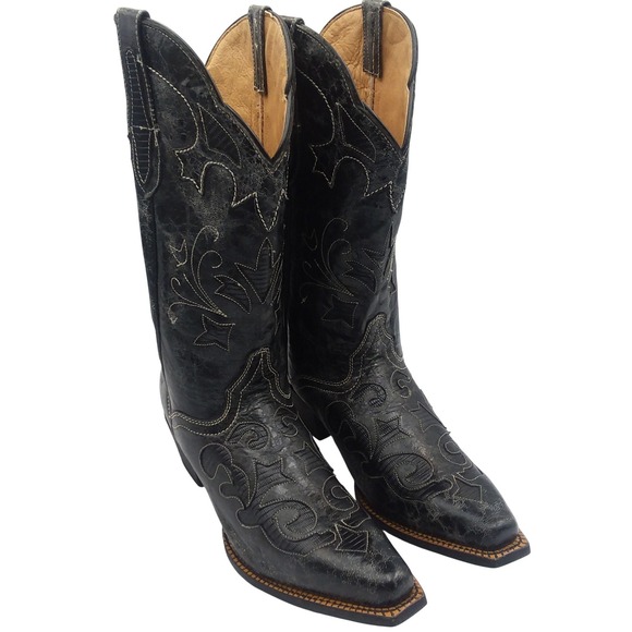 JB Dillon Women's Cowboy Boots Black Goat Leather Sz 10B Western Distressed EUC - Picture 12 of 16